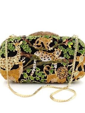 Embellished Jungle Animal Evening Clutch - Gold & Green